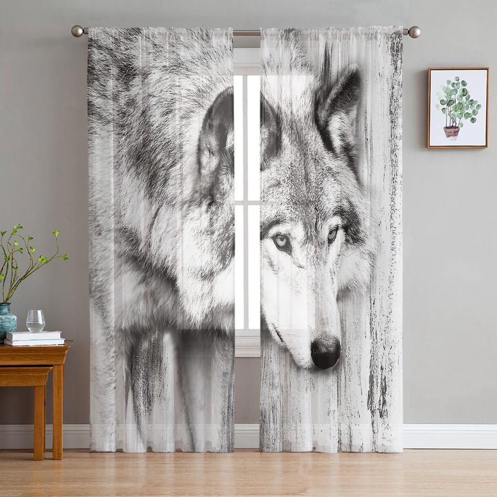 Wolf Forest Animal Tylové závěsy do obývacího pokoje Voile Průsvitný okenní závěs do ložnice Šifonové závěsy do kuchyně