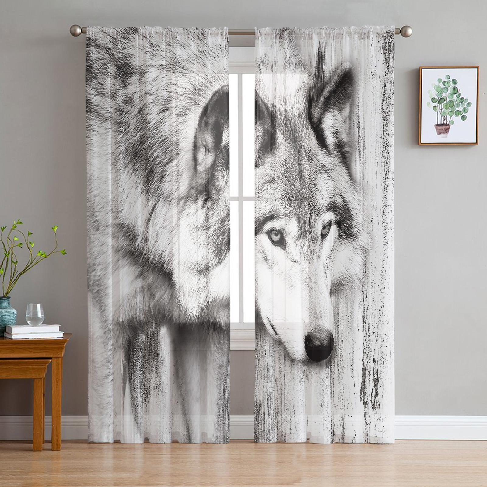 

Тюлевые шторы с волком и лесными животными для гостиной, вуаль, прозрачная оконная занавеска для спальни, шифоновые шторы для кухни 135W x 114H(cm)