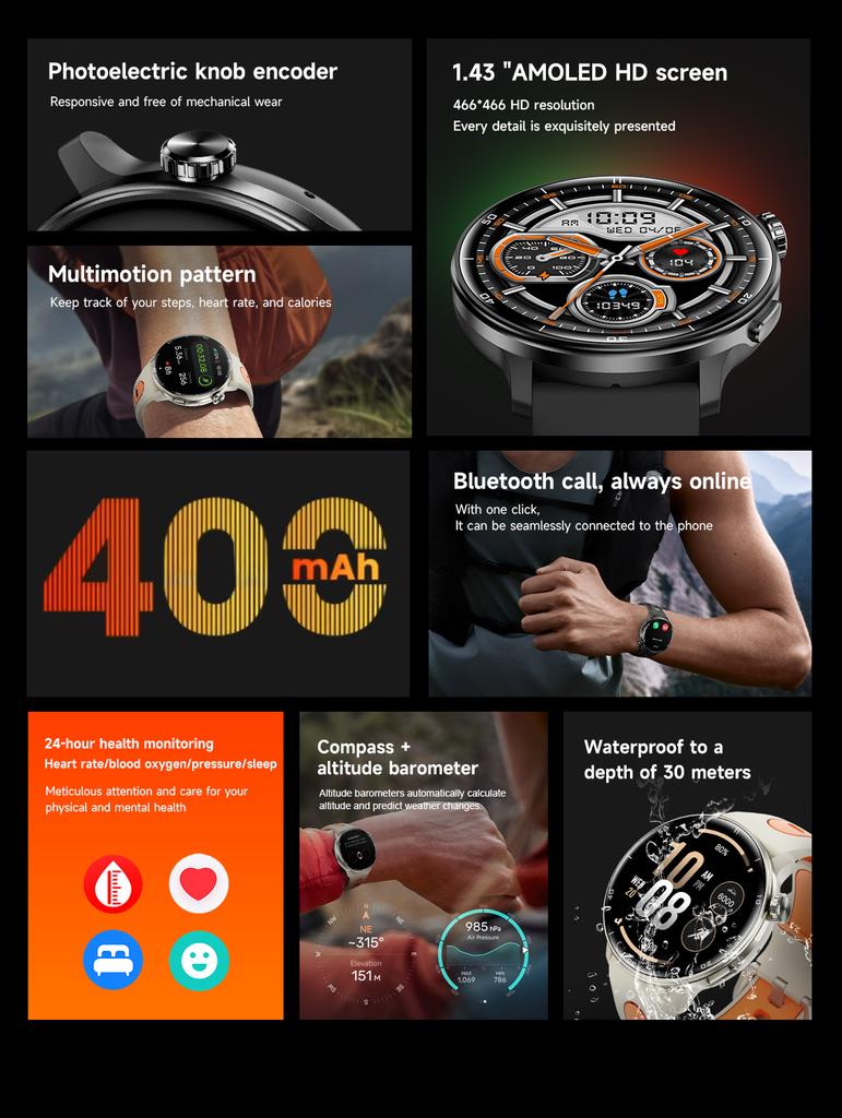 Smartwatch S666 1.43'' AMOLED HD Screen GPS Movement Track  IP68 Waterproof 400 MAH Battery Long Term Standby