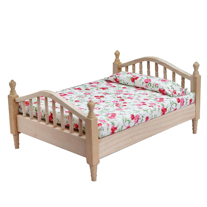 1/12 Dollhouse Wooden/Iron Mini Single/Double Bed Home Bedroom Furniture Toy Living Room Furniture Model Handmade Toy