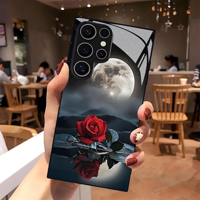 Moon Night Red Rose Pattern Glass Phone Case Suitable for Samsung Galaxy S26 S25 S24 S22 S21 S20 FE/Ultra/Plus Anti Drop