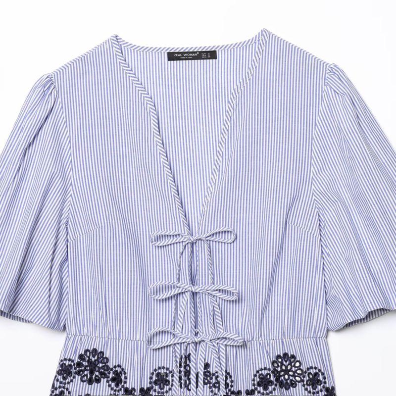 Kaslead New Women Clothes Western Style Embroidery Stripe V-neck Top Trousers 3402932 3399932