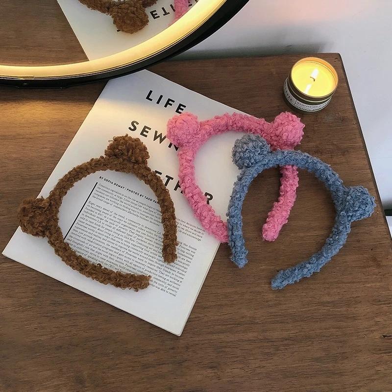 Wool Lamb Hair Band for Women Bear Ears Headband Korean Cute Ins Wide-Brim Candy-Colored Headband Female Hair Accessories