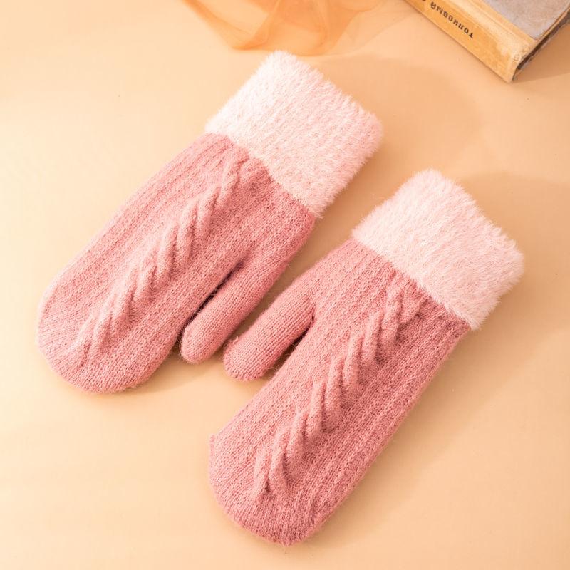 Warm Gloves Ladies Winter Korean Version Cute Plus Velvet Thickening Student Cycling Woolen Cold-proof Twist Gloves