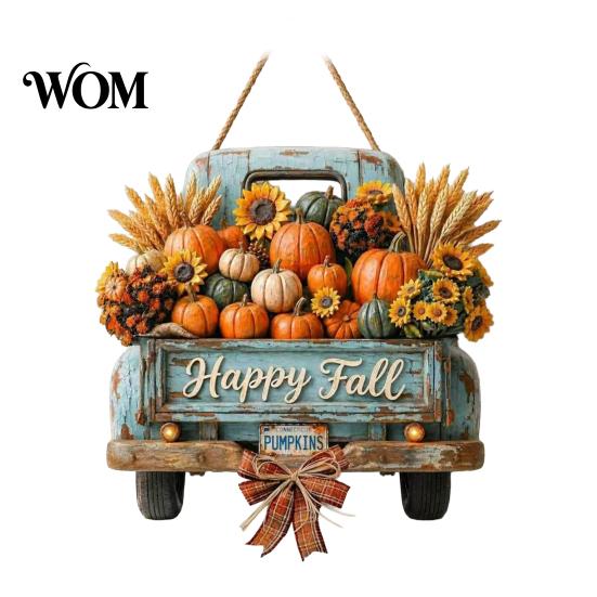 Retro Pickup Truck Decor for Home Harvest Pumpkin Hanging Sign Front Door, Wooden Fall Door with Decorative Holiday Wall Plaque Hemp Rope, Distressed