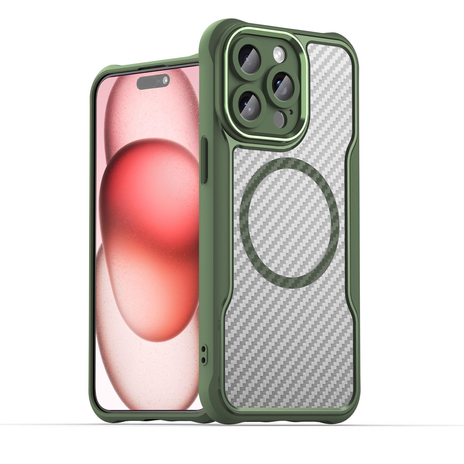 

Роскошный магнитный прозрачный чехол из углеродного волокна для iPhone 16 15 14 13 12 11 Pro Max Plus Magsafe Wireless Charge Защитная крышка для объектива For iPhone 13 зелёный