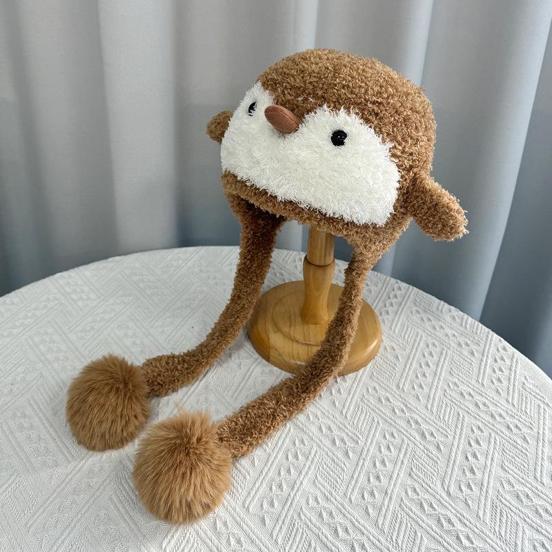 Winter cartoon penguin hat women's outdoor warm ear protection knitted wool hat versatile face small pullover hat