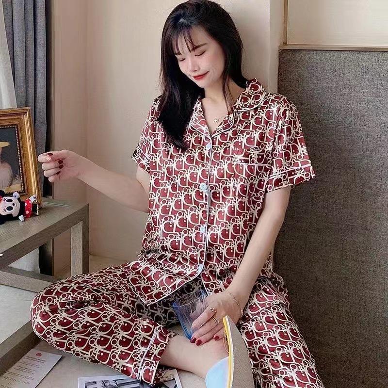 2Pcs/set Women's Pajamas Autumn and Winter Silk Cardigan Printing Loose Short-sleeved Trousers College Students Homew
