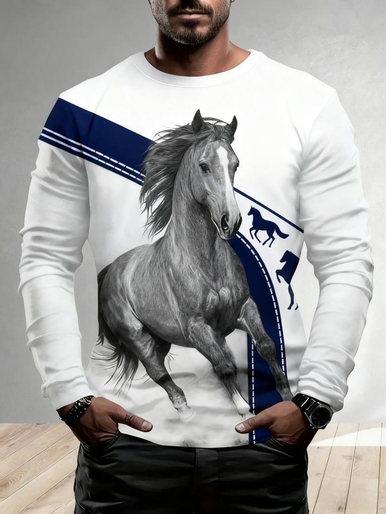 Men's T-Shirt Running Horse Graphic 3D Print Fashion Long Sleeve Crew Neck Unisex Tee Shirt Casual Summer Personality Men's Top