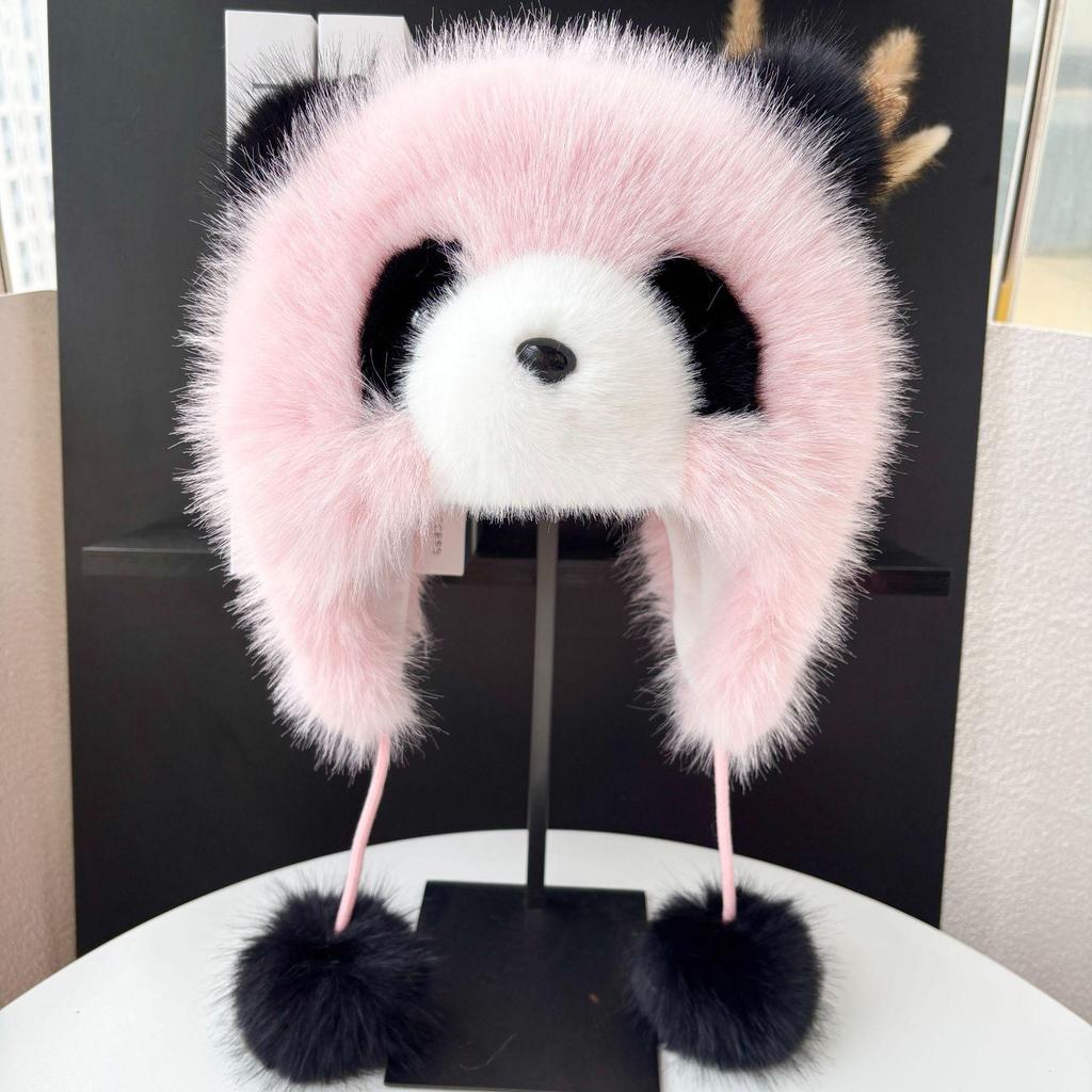 Módní zimní panda klobouk s klapkami na uši z umělé liščí kožešiny pro dospělé a děti