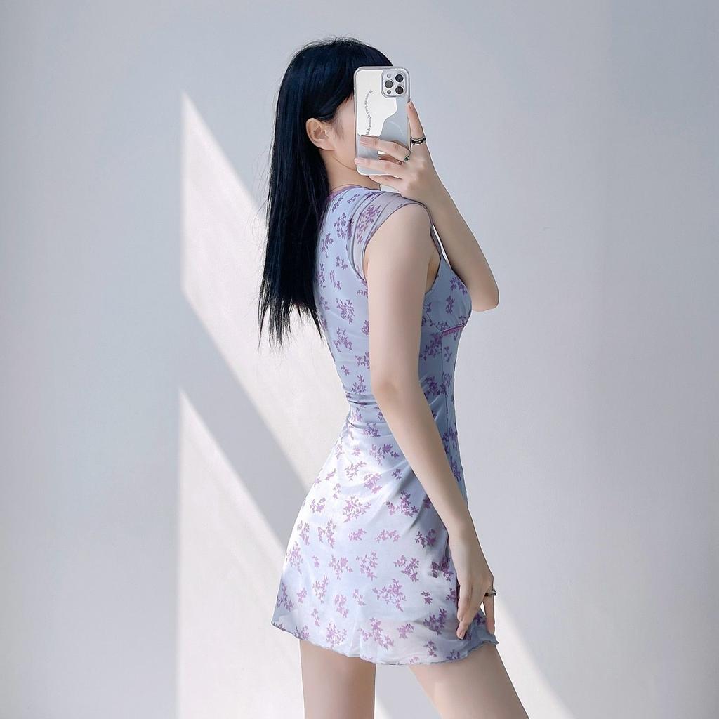 French pure desire wind contrasting color bow V-neck floral dress women's summer sweet babes sexy waist A-word short skirt