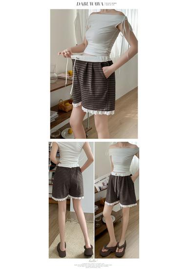 2026 New Style Striped Maternity Shorts with Lace Trim for Petite Women – Casual Wide-Leg Summer Pants Without Belly Support