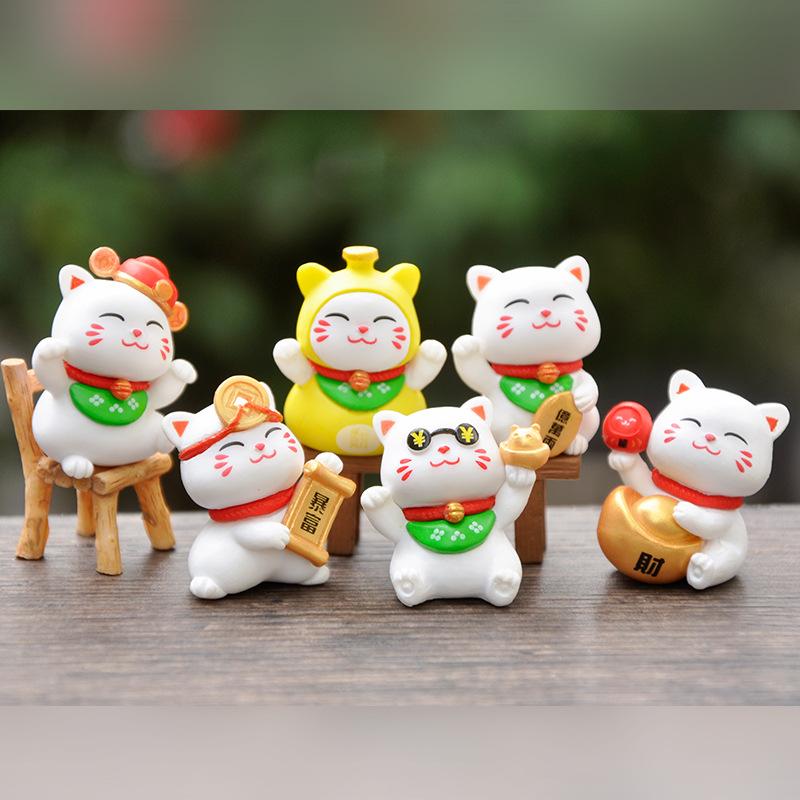 6pcs Figurines Miniature Cute Lucky Cat Micro Landscape Crafts Ornaments For Home Decorations Animal Car Decor Room Accessories
