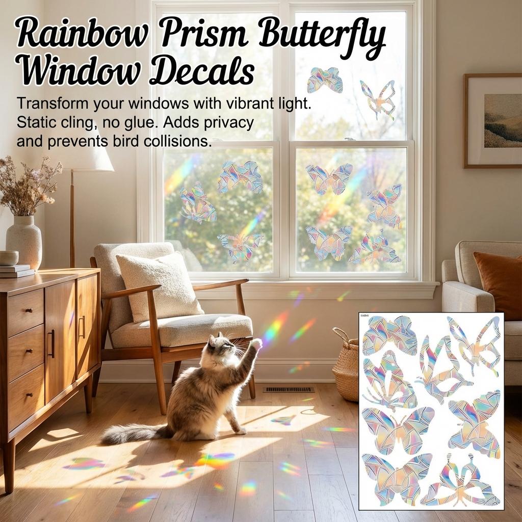 Static PVC Window Sticker Rainbow Prism Butterfly Pattern Home Decoration Anti Collision Glass Sticker