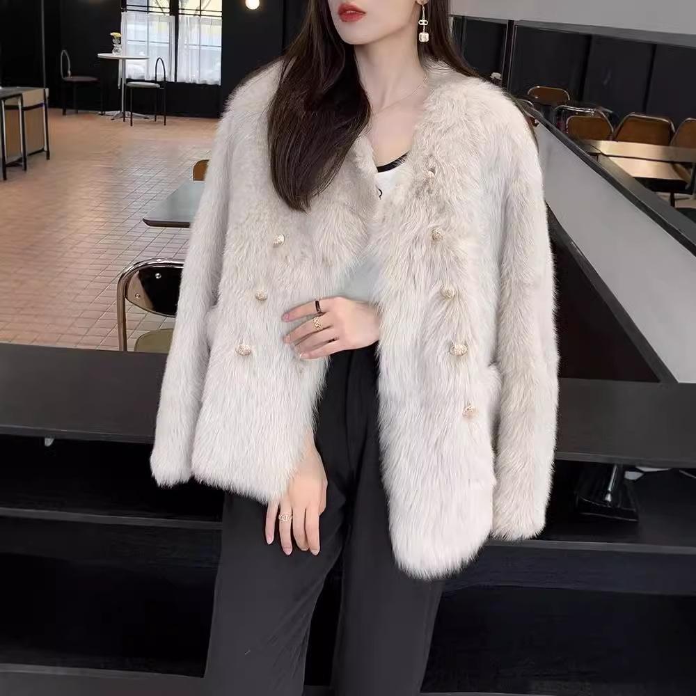 Autumn and winter Toka imitation fox fur integrated coat women's imitation lamb wool double-breasted imitation fur thickened coat