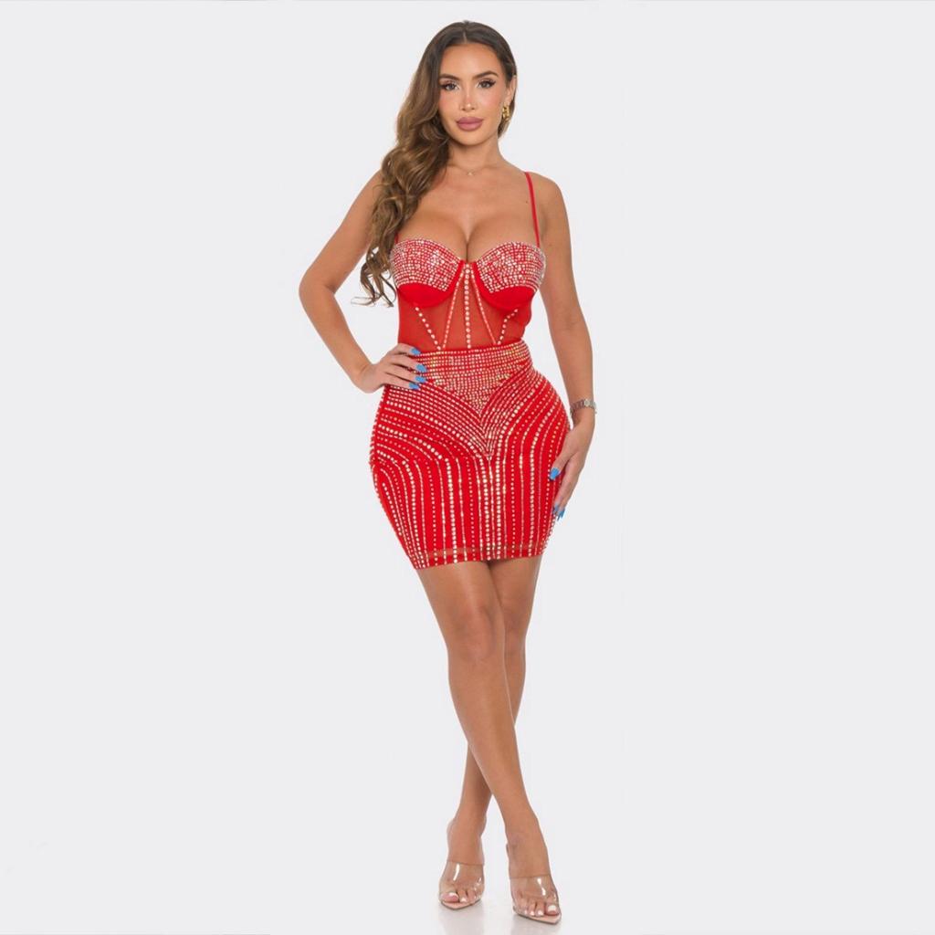 European-American Sexy Sheer Patchwork Bodycon Camisole Dress with Hot Drill Design