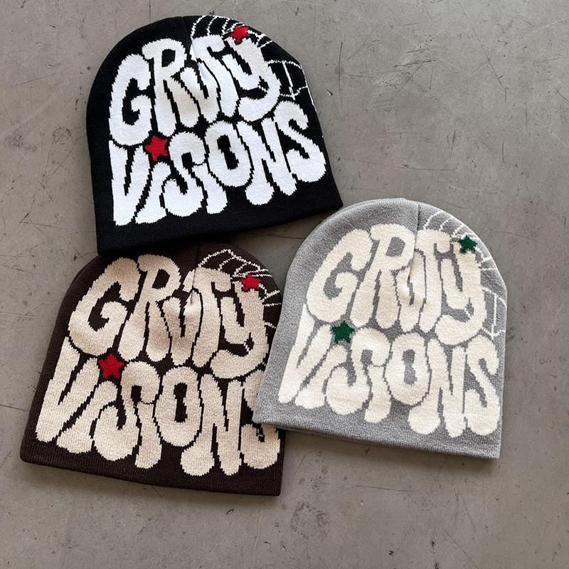 Letters Visions Grvty Knit Beanie Hats Winter Embroidered Streetwear Casual