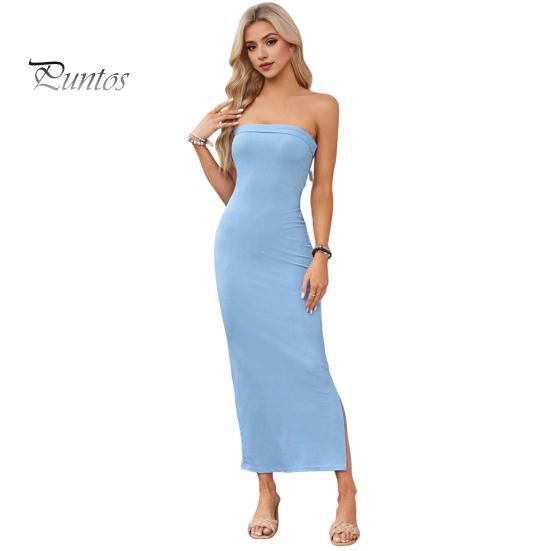 

Женское платье для выпускного вечера с открытыми плечами, бандо без рукавов и открытой спины, облегающее, однотонное, с разрезом по бокам, эластичное клубное вечернее платье, макси-платье L светло-синий