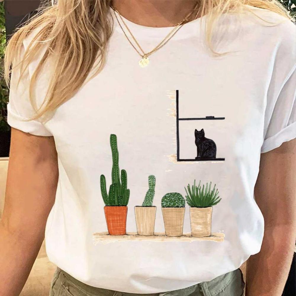 Women Print Tees Tshirt Female Clothes Regular Short Sleeve Tops Cat Simple Cute Print Ladies Fashion Cartoon Graphic T-Shirt