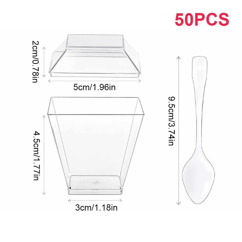 50/100 Pack 60ml Plastic Dessert Cups with/no Lids and Spoons Clear Yogurt Parfait Cups Square Appetizer Cups 2OZ Serving Cups