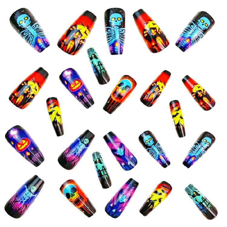 Celebrate Halloween in Style with 24 Pcs Press-On Nail, Including Spooky Skeletons, Pumpkins, and Bats Designs