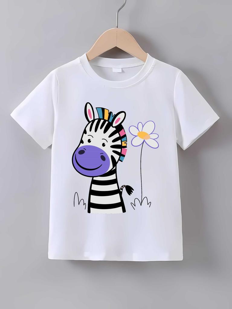 Colorful Mane Zebra And White Daisy Graphic T Shirt Family Matching Boys Girls Kids Short Sleeve Animal Children Daily Tops