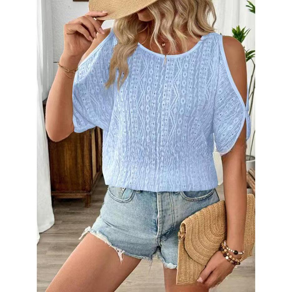 

Женская мода блузки весна лето сексуальный с открытыми плечами ажурный летучая мышь короткий рукав футболка топ для женщин повседневные рубашки XXL синий