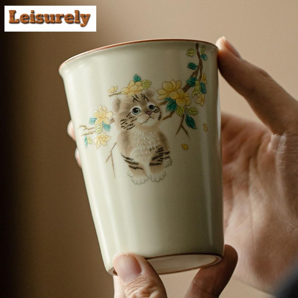 250ml Cute Cat Ru Kiln Ceramic Teacup Elegant Water Jug Master Cup Green Coke Cup Coffee Mug Tea Household Drinkware Accessories