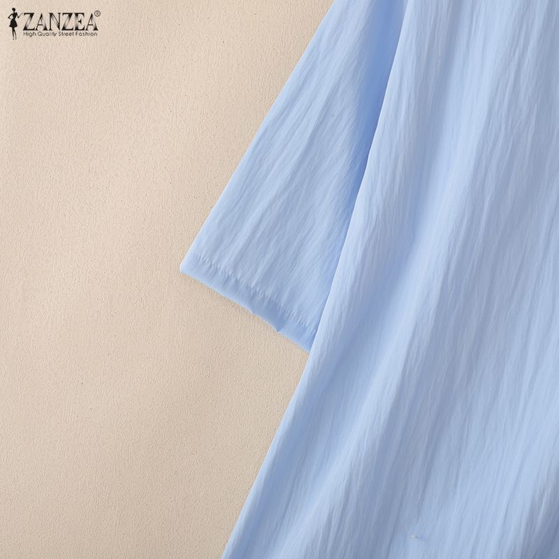 ZANZEA Women Casual V Collar 3/4 Sleeve Solid Color Loose Long Tunic Blouse