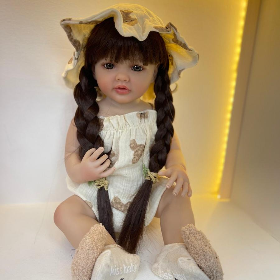 BZDOLL 55 CM 22 Inch Realistic Full Vinyl Body Brown Long Hair Lifelike Reborn Baby Girl Doll Toy Princess Toddler Bebe