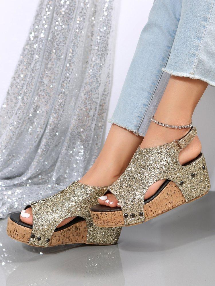 Roman Sandals Women Sequins Flat Slope Heel Thick Bottom Sandals Ladies