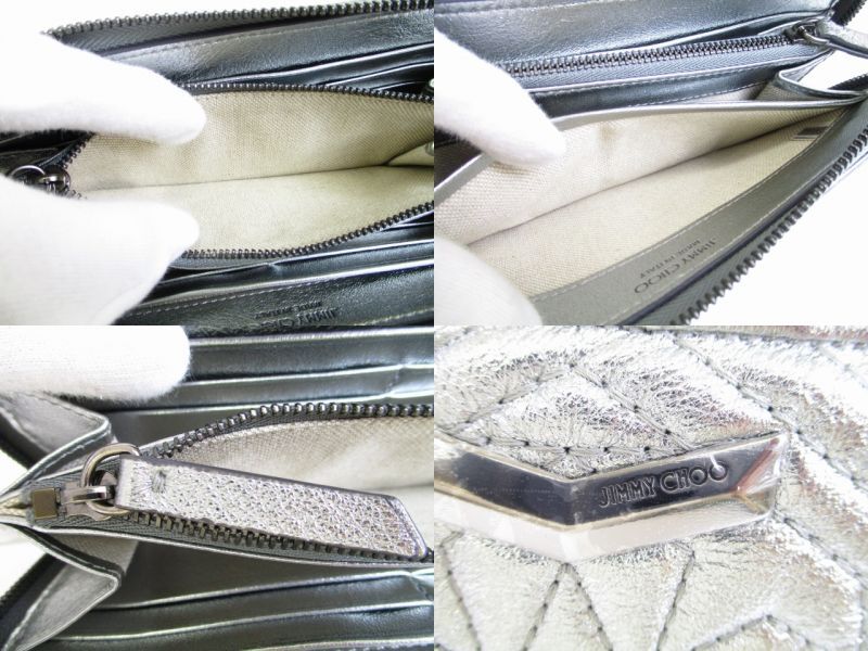 Authentische Jimmy Choo Silber geprägtes Leder Runde Reißverschluss Brieftasche NEFER #8344 Refurbished