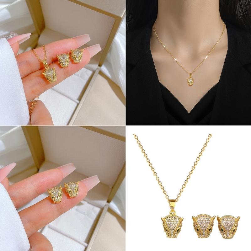 Practical Sturdy Steel Necklace And Earring Set Featuring Zircon Leopard Designs Fashion Accessory Party Supplies