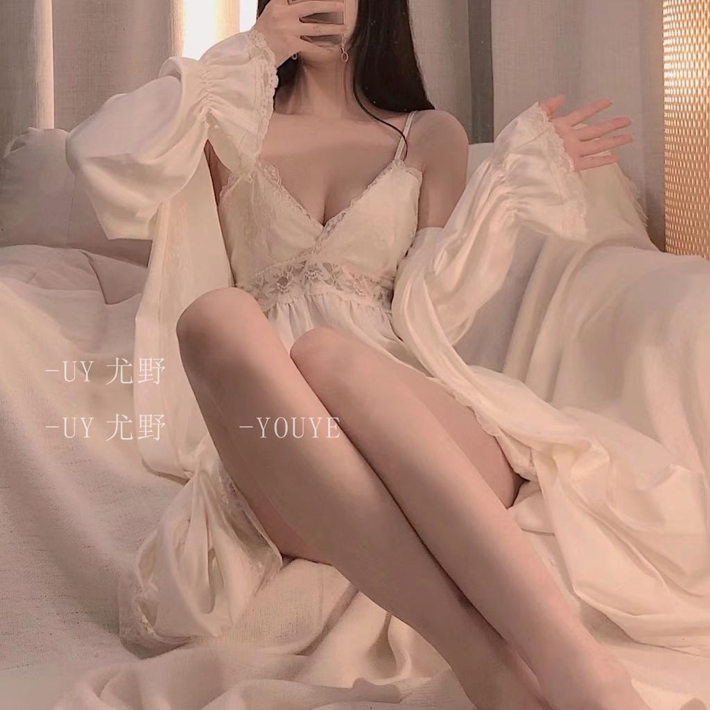 Pure desire style nightgown spring and autumn ice silk sexy long nightgown with chest pad two-piece set suspender pajamas women's high-end summer