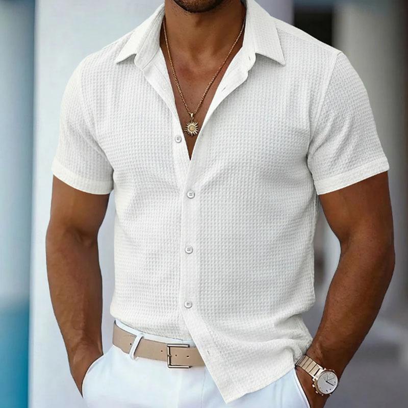 Mens Waffle Weave Short Sleeve Dress Shirt Slim Fit For Office And Casual Wear S белый