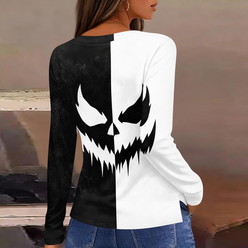 Women's Halloween Print Long Sleeve Top with Round Neck and Hem Slit for Casual Party Wear