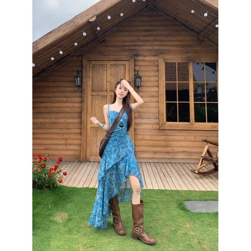 Holiday Style Retro Floral Suspender Dress Women's Summer Design Sense Irregular Long Dress Waist Thin A-shaped Skirt