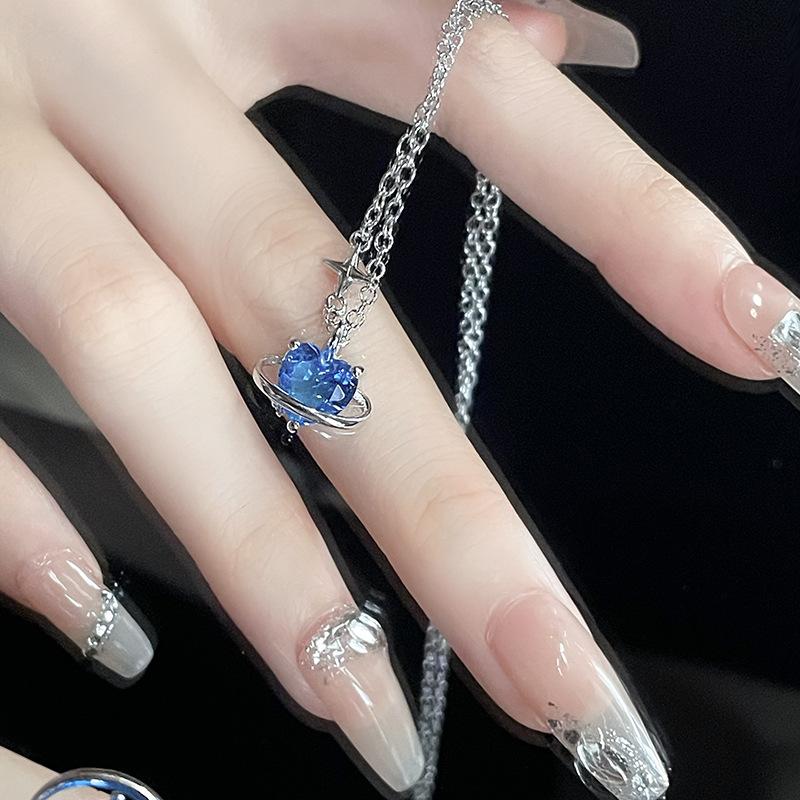 Blue Ocean Heart Necklace Star Personality Niche Design Sense Cold Wind Flash Diamond Clavicle Chain Female