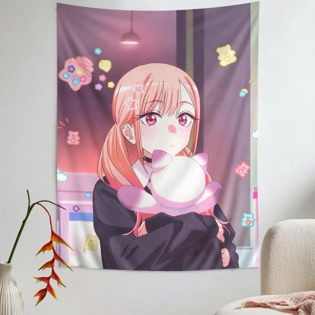 Wall Tapestry Marin Kitagawa Cute Anime Girl Hugging Cat Doll Pastel Wall Hanging Cloth For Teen Bedroom Dorm Home Decor