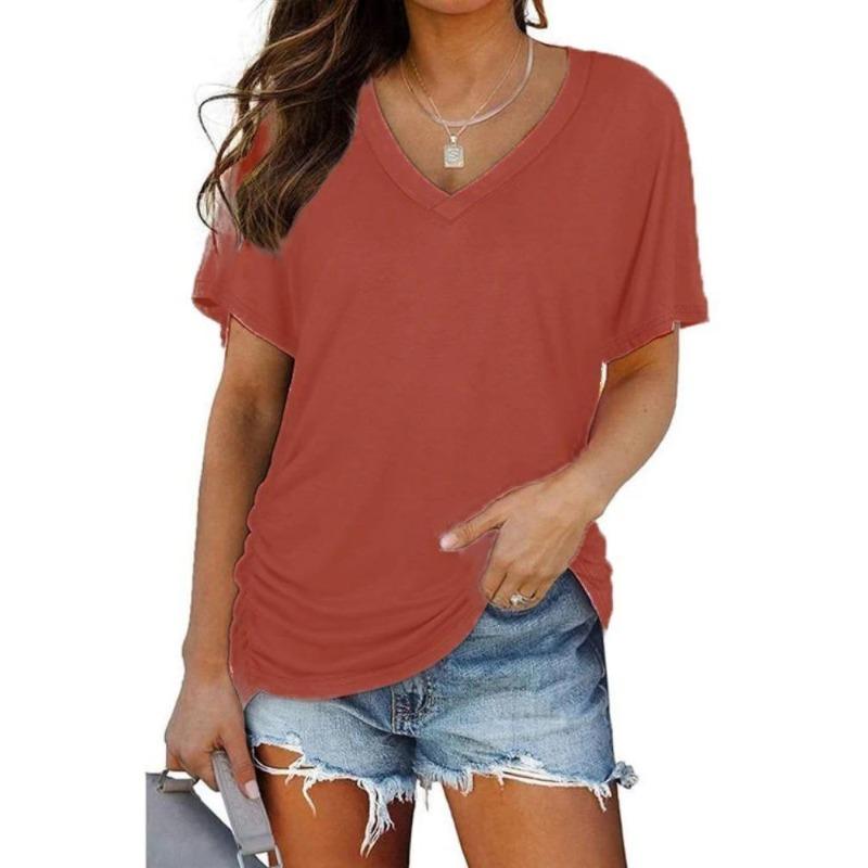 Women Casual Summer T Shirt V Neck Short Sleeve Solid Color Top Clothing