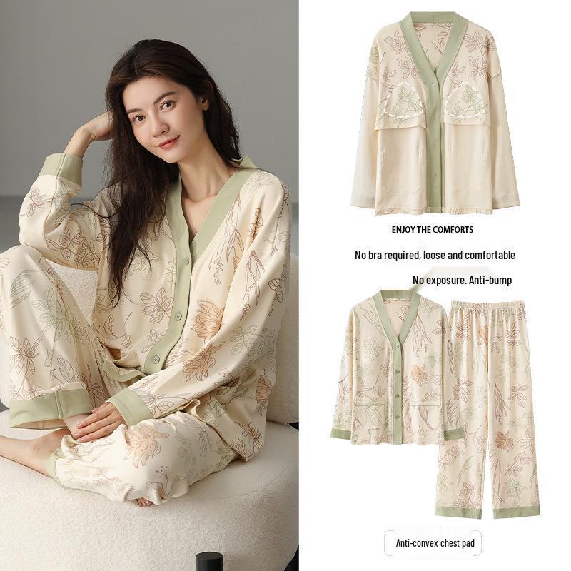 

2024 Женская высококачественная пижама-кардиган с длинным рукавом и нагрудными вкладышами для весны и осени Large