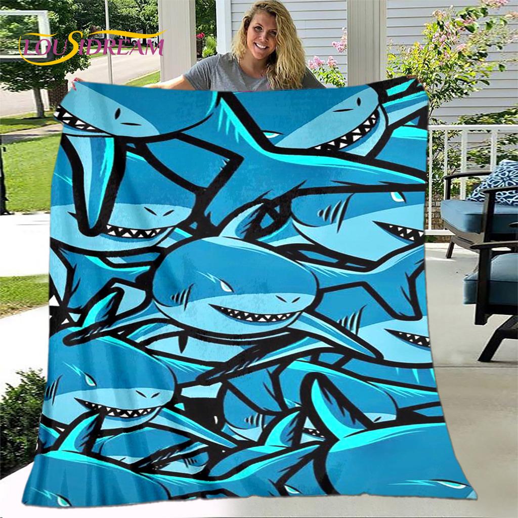 Coperta morbida in flanella con squali cartoni animati 3D, coperta da divano per soggiorno, camera da letto, letto, divano, copertura per picnic