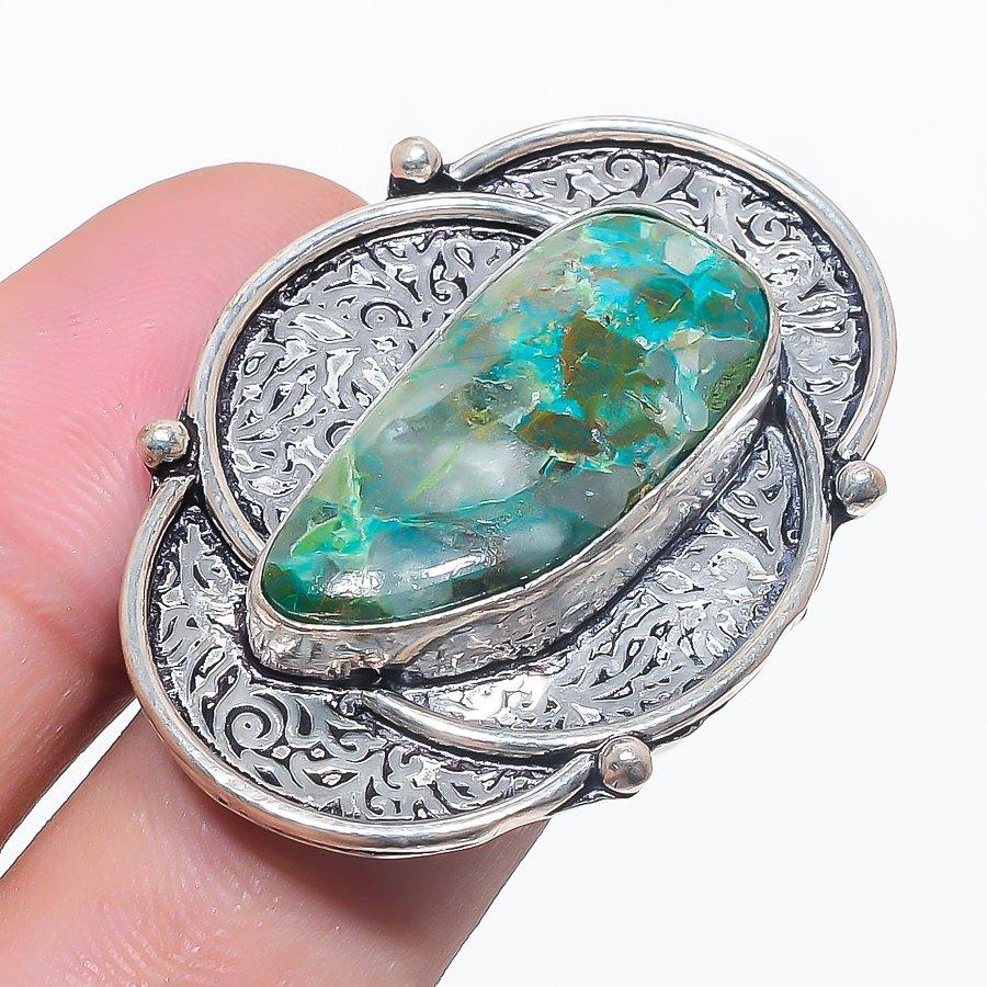 

Натуральный драгоценный камень хризоколла, ювелирное изделие из стерлингового серебра 925 пробы, кольцо, размер 6.5 i7n41