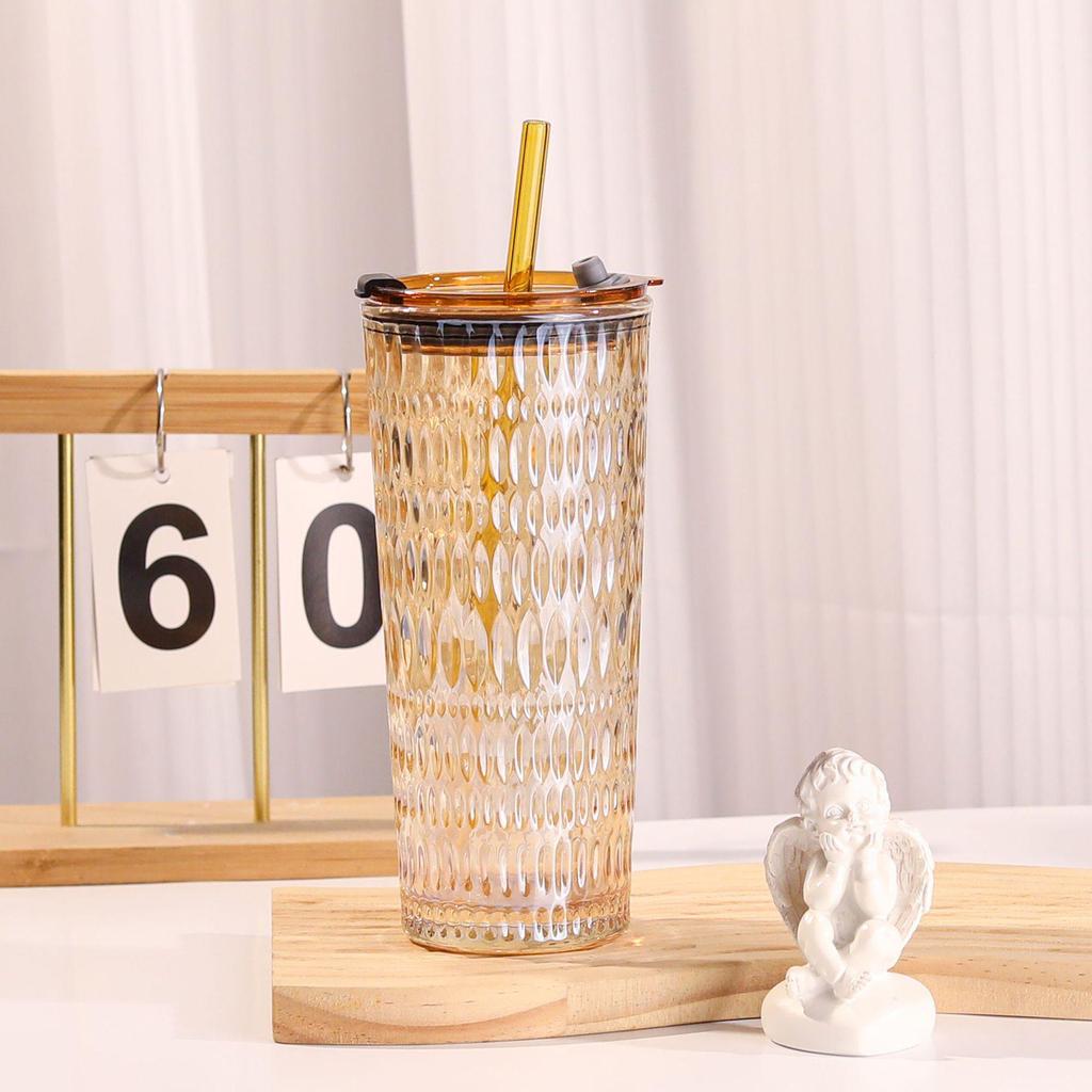 Large Capacity Transparent Glass Straw Cup with Lid for Office Drinks: Milk Tea, Coffee, Americano, Latte, Juice