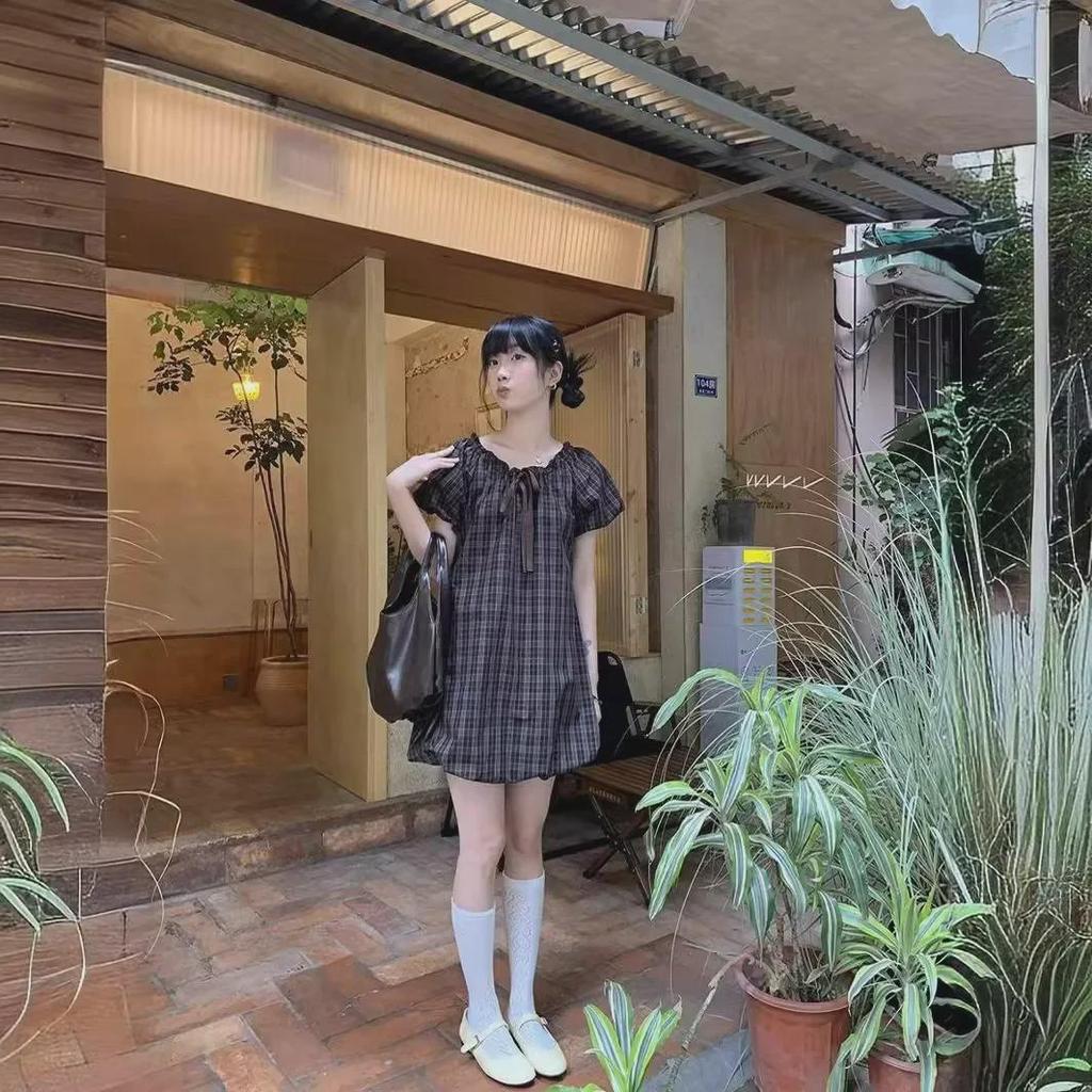 2024 Summer Plaid Puff Sleeve Mid-Length Dress