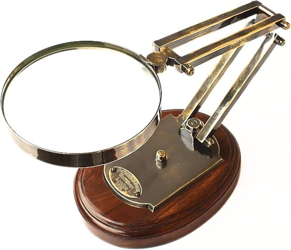 5X Brass Desk Top Magnifying Glass with Adjustable Stand and Wooden Base Vintage