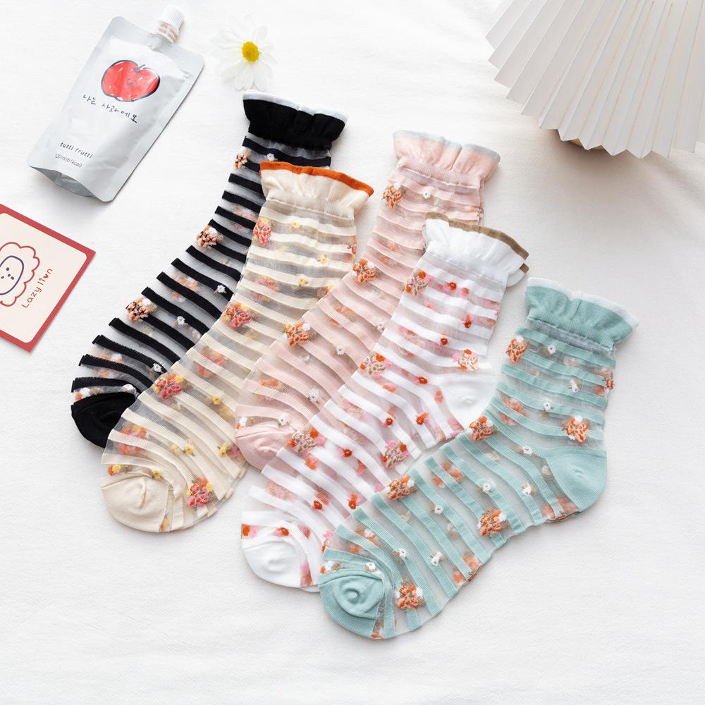 

Breathable Korean Ruffle Stripe Sweet Flower Socks Glass Silk Lolita Socks Women Hosiery чёрный