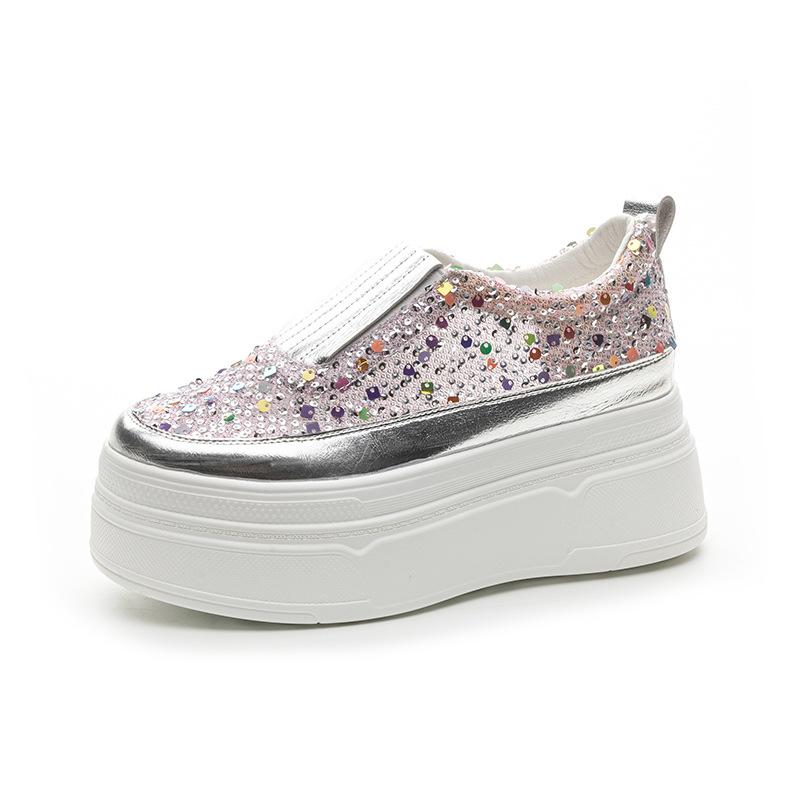 

Мода 8,5 см Весенняя сетка Натуральная кожа Женские Вулканизированные Блестящие Модные Массивные Кроссовки Летние Стразы Повседневные Туфли на Платформе и Танкетке 39 розовый