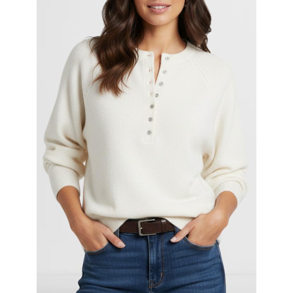 Women's Round Neck Long Sleeve Knit Sweater Loose Fit Button Detail Henley Pullover Top