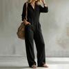 Damen Farbiger Jumpsuit mit langen Ärmeln, weitem Bein und Kragen für Urlaub und Reisen